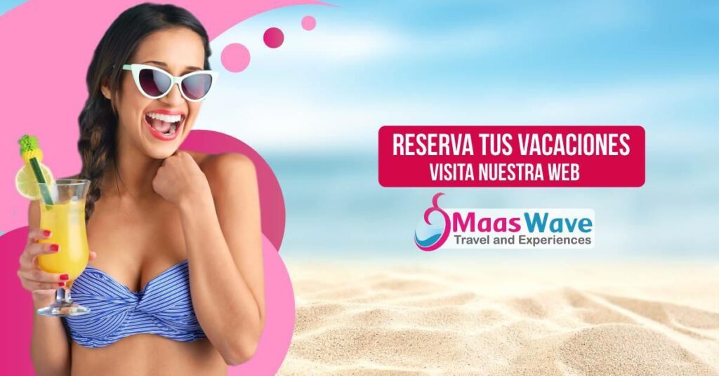 Chica feliz reserva tus vacaciones visita nuestra web